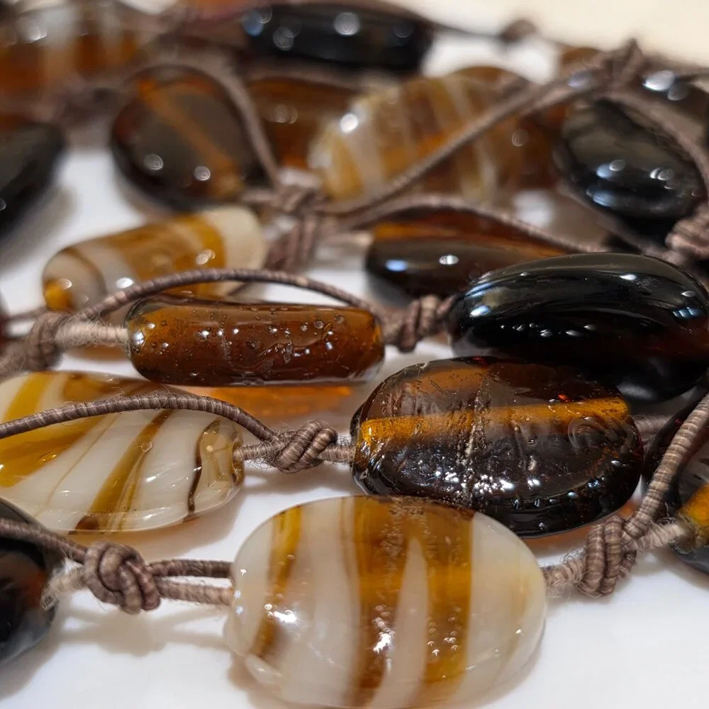 Artisan BOHO Earth Colors Rootbeer Brown Stripe Amber Art Glass Long Necklace